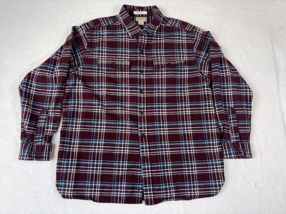 LL Bean Men’s XL Reg 100% Cotton Maroon Blue White Plaid